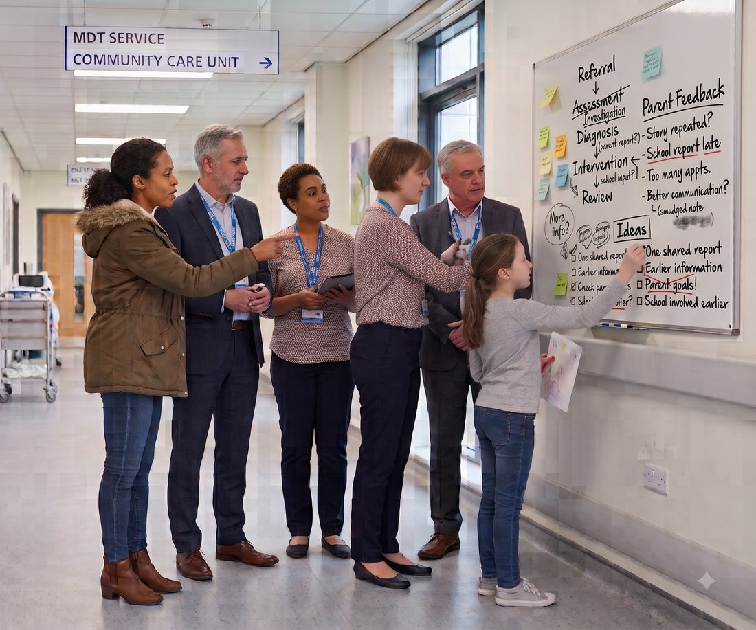An NHS multidisciplinary team and a young person collaborating around a whiteboard, mapping out a care pathway from referral through to review