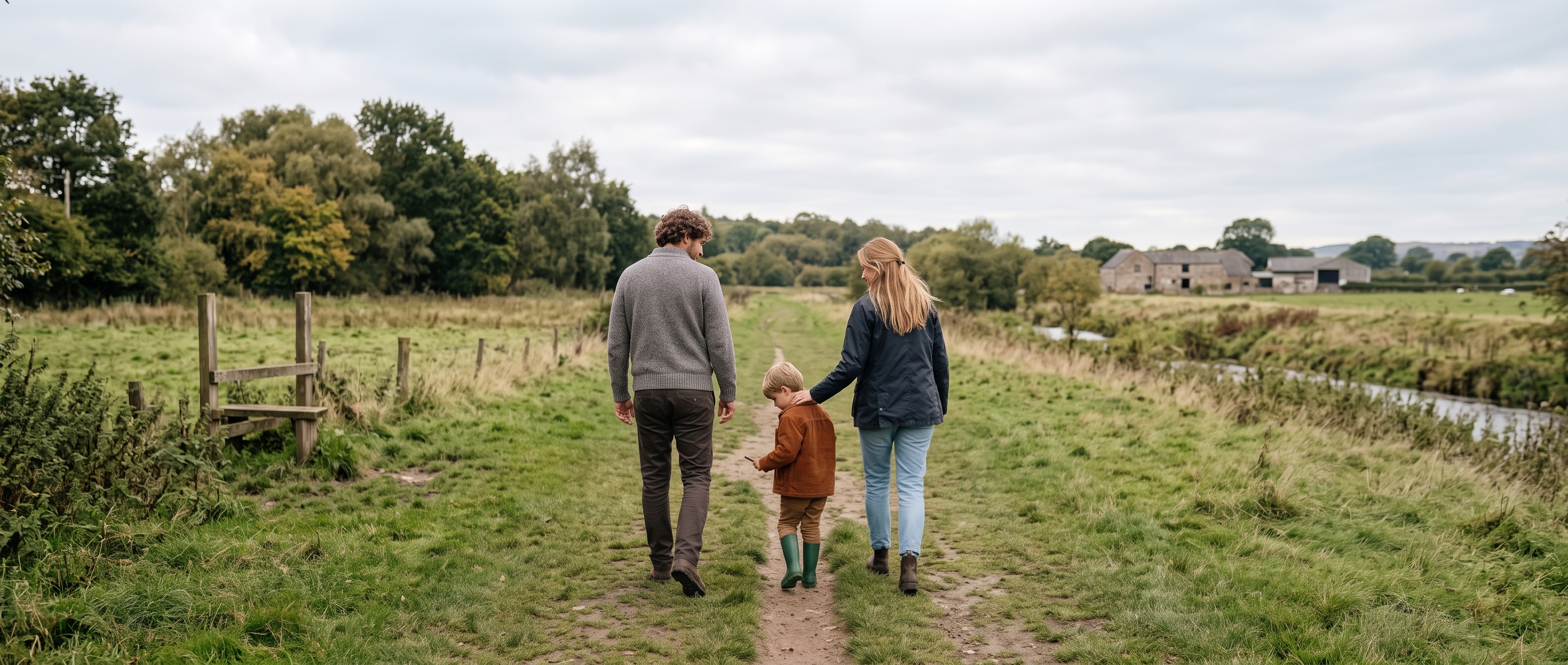A family walking together along an open countryside path, the landscape stretching ahead of them.