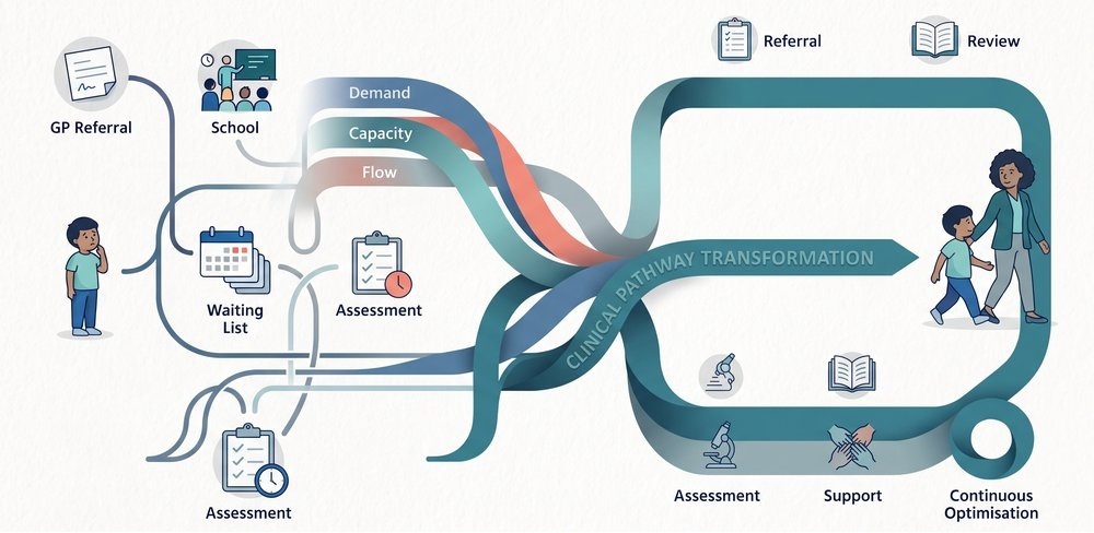 Demand, capacity and flow converging into clinical pathway transformation — from referral and waiting list through to assessment, support and continuous optimisation